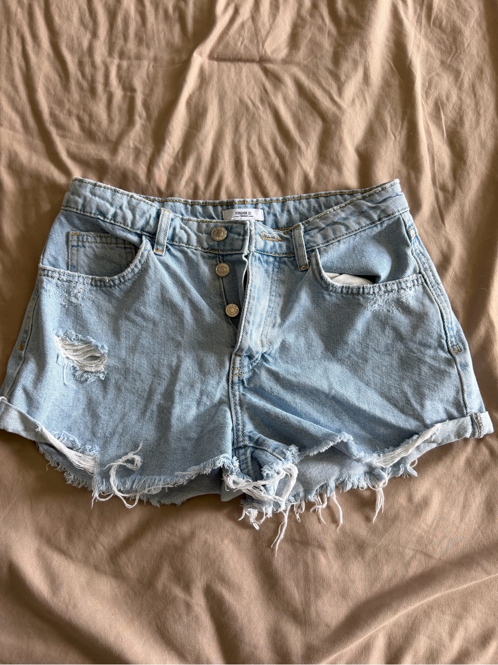 Forever 21 Light Wash Distressed Denim Shorts